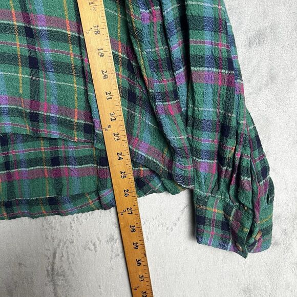 Anthropologie Pilcro Plaid Blouse Cropped Puff-Sleeve Soft Crinkle Green   Large - Picture 3 of 8